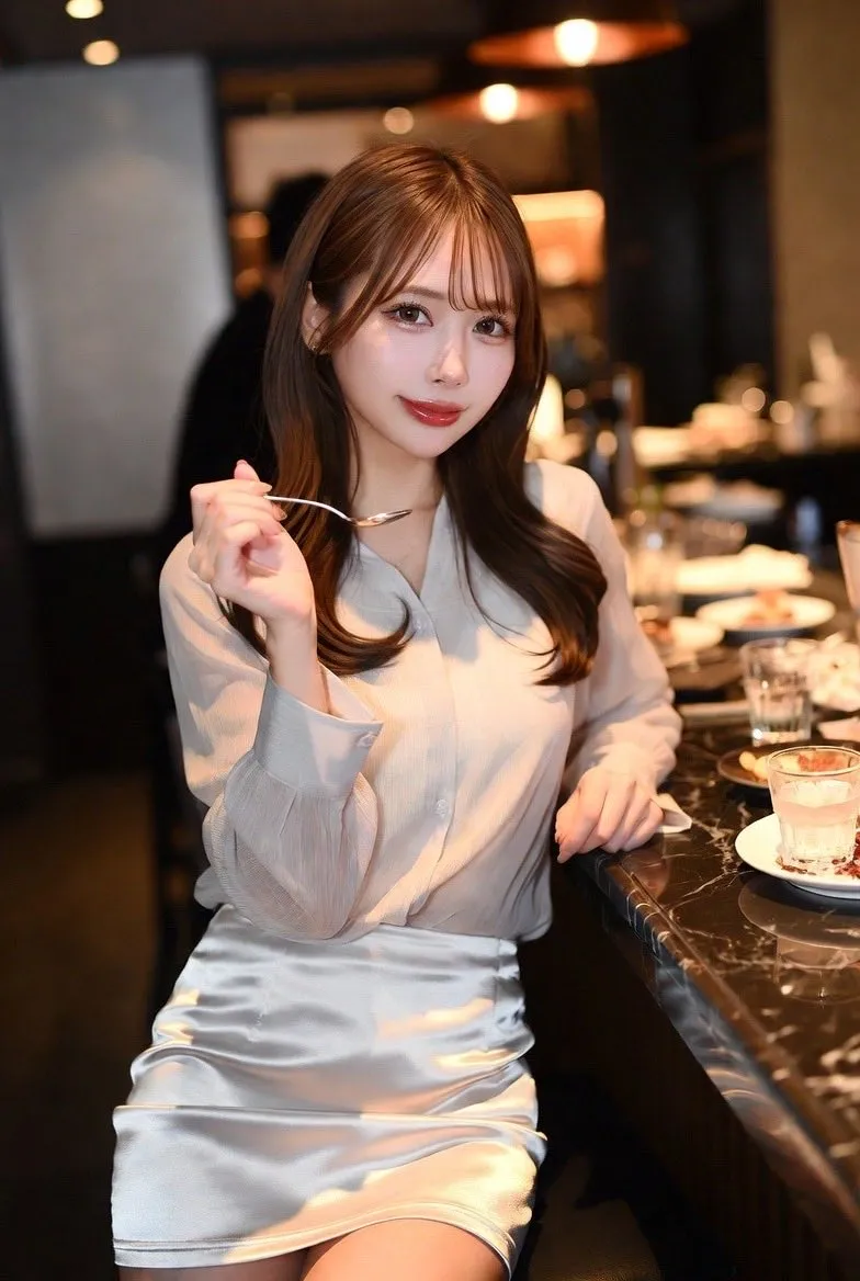 夜のレストランで食事を楽しむ女性