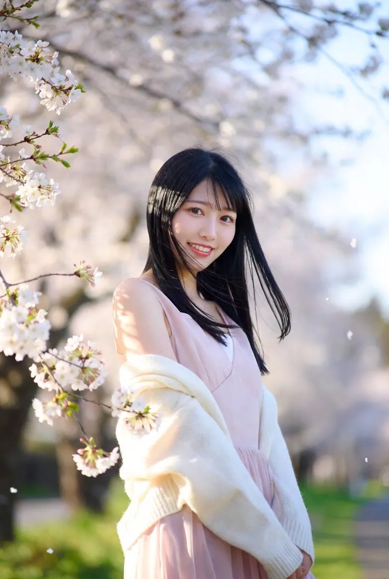 桜の下で微笑む女性。春、誰かと迎えたい季節